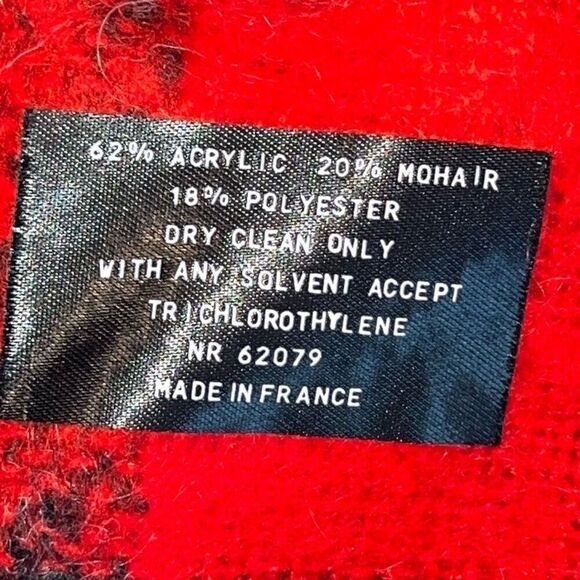 Vintage Mohair Blend Wool Plaid Scarf Made In France Red Black Fringed End Wrap - Picture 5 of 7